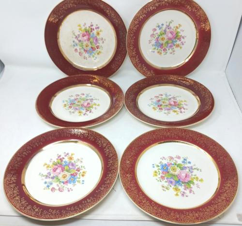 6 Aristrocrat Century by Salem 10" Dinner Plates Maroon Gold Floral VTG #SB - Picture 1 of 14