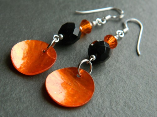 Metallic Orange MoP Shell Discs, French Jet, Crystal & Sterling Silver Earrings - Picture 2 of 14