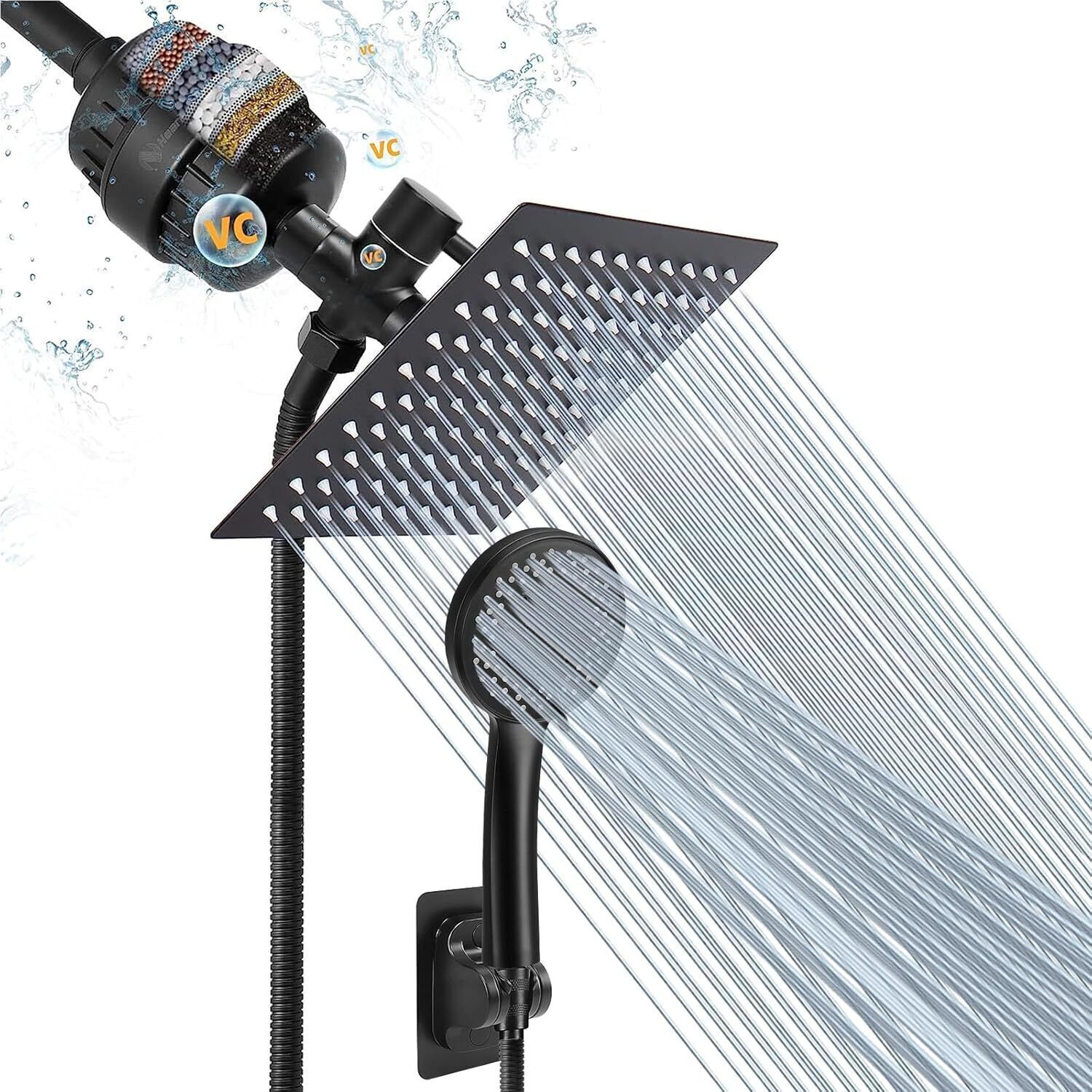 Filtered Rain Shower Head, High Pressure 8″Square, and 5 settings