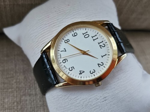 Fashion Wristwatch Gold Tone Case Black Leather Strap Analog Quartz Unisex Watch - Picture 9 of 13
