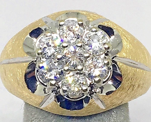 MENS 1 CARAT  WHITE DIAMOND CLUSTER RING , 14K TT GOLD, ONE CARAT TW