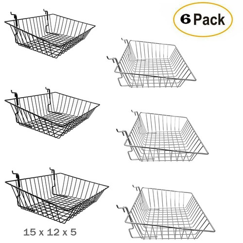 Pack 6 Shallow Wire Baskets for Gridwall/Slatwall/Pegboard BLACK