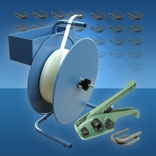 19 mm Umreifungsset gewebt Abrollger&auml;t Holzb&uuml;ndelger&auml;t Textilband Metallklemmen