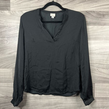 A New Day Womens Blouse Black Pin Dot Long Sleeve Button Cuff Notch Neck XS