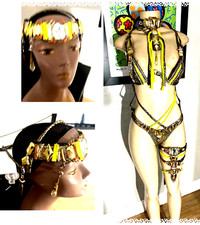 Tribal Costume Gold /Silver Rhinestones Bikini w/choker, Head Pc Thigh  XS  sb