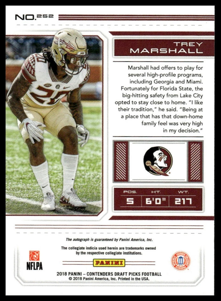 2018 Panini Contenders Draft Picks #252 Trey Marshall - Image 2 of 2
