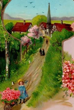 With Best Wishes girl flowers wheelbarrow town gel 1911 Germany postcard