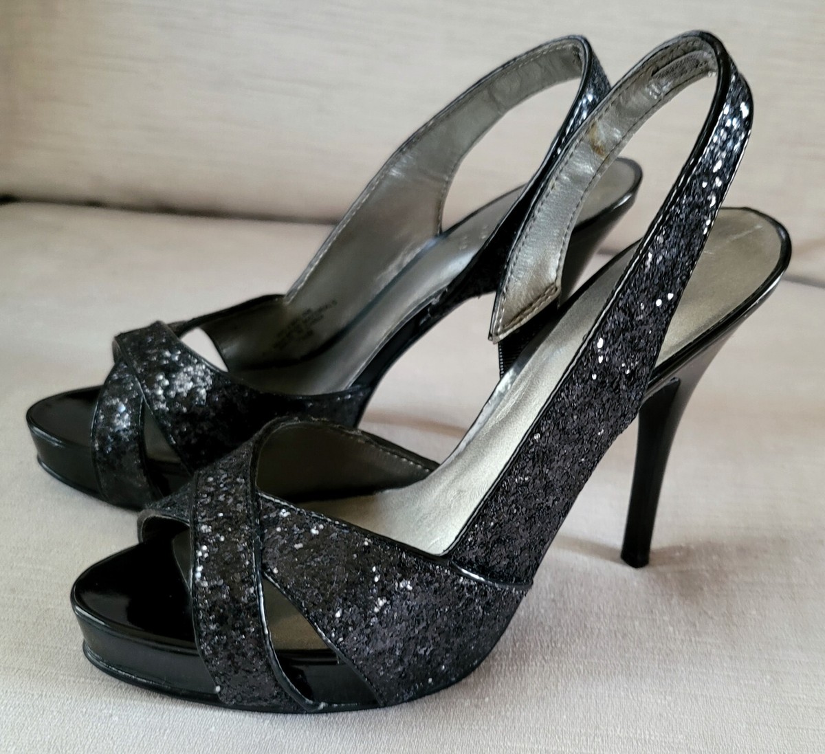 GUESS Black Sparkle Glitter Slingback Open Toe Platform High Heels Size  Shoe