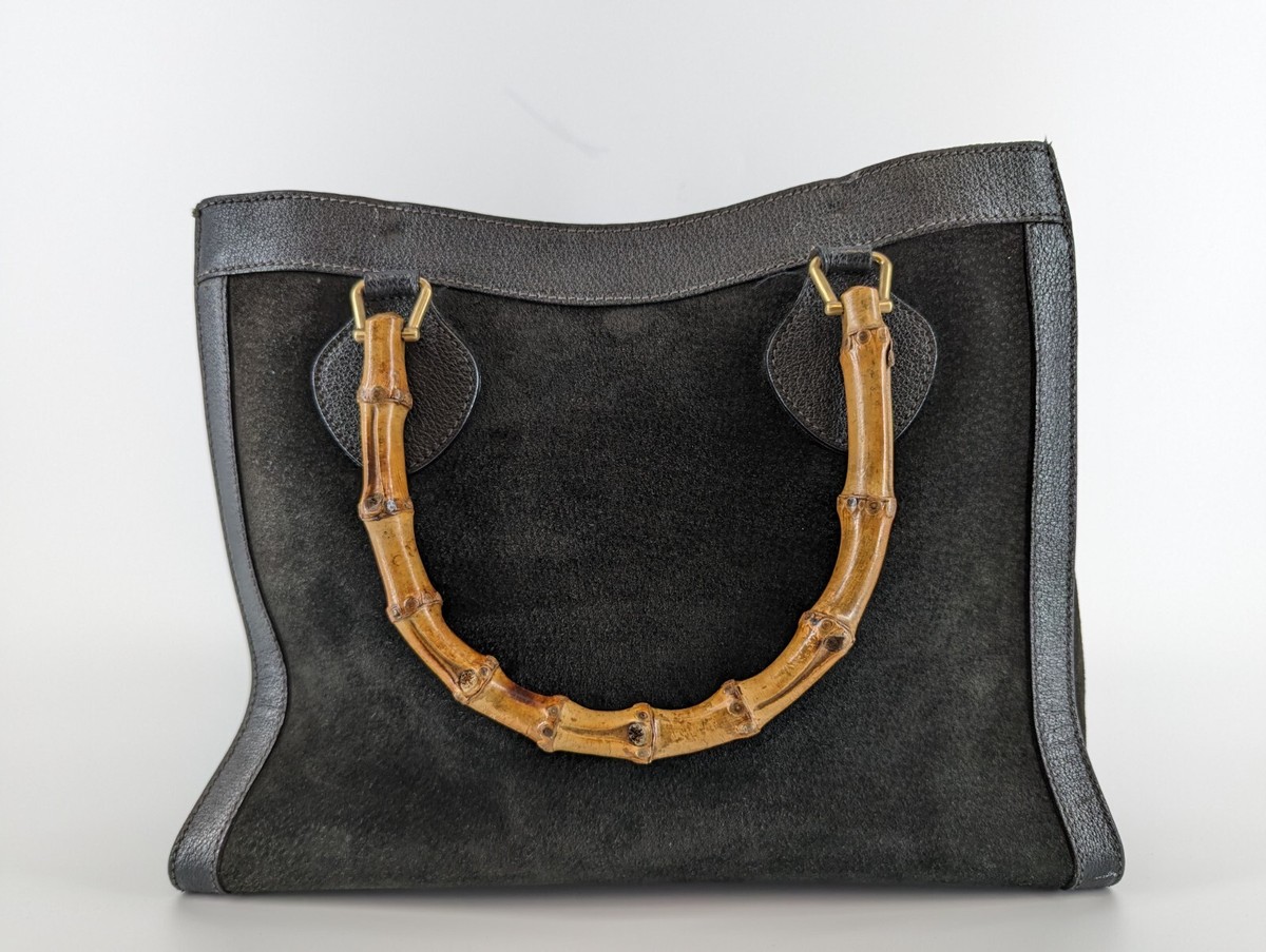 Gucci Diana Bamboo Handle Medium Tote Black Leather Suede Vintage
