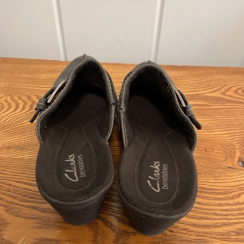 Clarks Shoes Bendables Women's Navy Leather Slip On Mules Clogs buckle