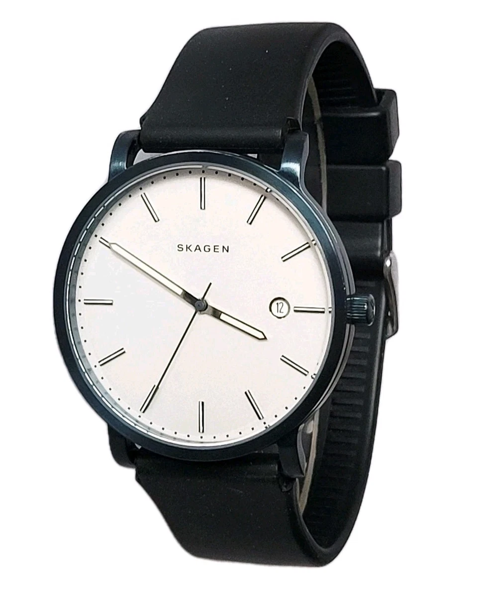 Skagen Hagen Womens 34mm Classic Watch Silver Tone Black Leather New Battery Skagen Women Silver Band Wristwatches for sale | eBay main image 3