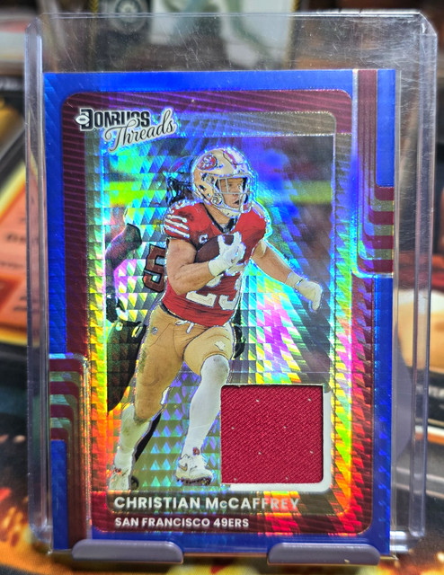 Panini 2025 Donruss Optic Donruss Threads Christian McCaffrey Blue Hyper Prizm