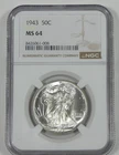 1943 Walking Liberty Half Dollar CERTIFIED NGC MS 64 Silver 50c