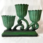 Rare 1930's MCM Weller Pottery Sydonia Green Triple Candle Holder (1)