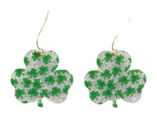 St. Patrick's Day Sparkling Shamrocks Clovers Green Acrylic Dangle Earrings.