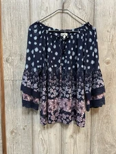 Style & co 1X navy blue purple Floral Off-Shoulder paisley shirt peasant boho 