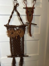 TWO: 1970s Jute Macrame 36  Owl Wood Eyes On Driftwood Wall Hanging Boho Key