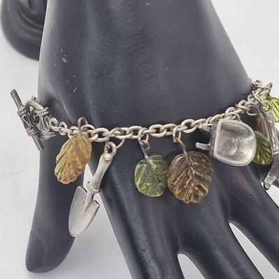 Vtg Charm Bracelet Gardener Garden Themed Resin Leaves Silver Tone Water Can 7''
