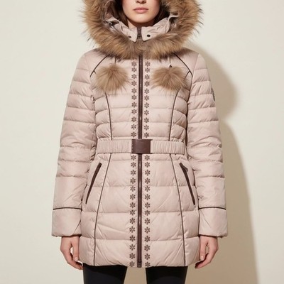 Damen Winterjacke Daunenjacke Daunenmantel Warm Pelz Kapuze Beige Gr. M=S