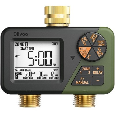 Diivoo Brass Sprinkler Timer 2 Zone, IP66 Waterproof Programmable (No box)
