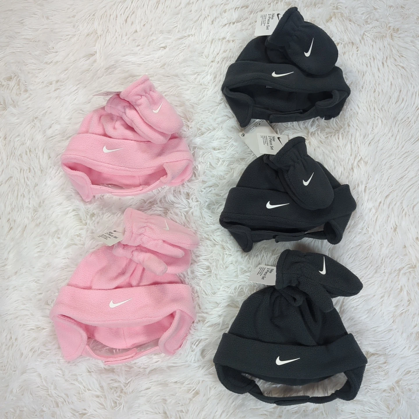 Baby Toddler Nike Swoosh Fleece Cap & Mittens Set Pink Anthracite