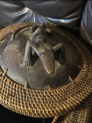 Indonesian Lombok Handcrafted Woven Basket with Carved Wood Fish on Lid 6.5 