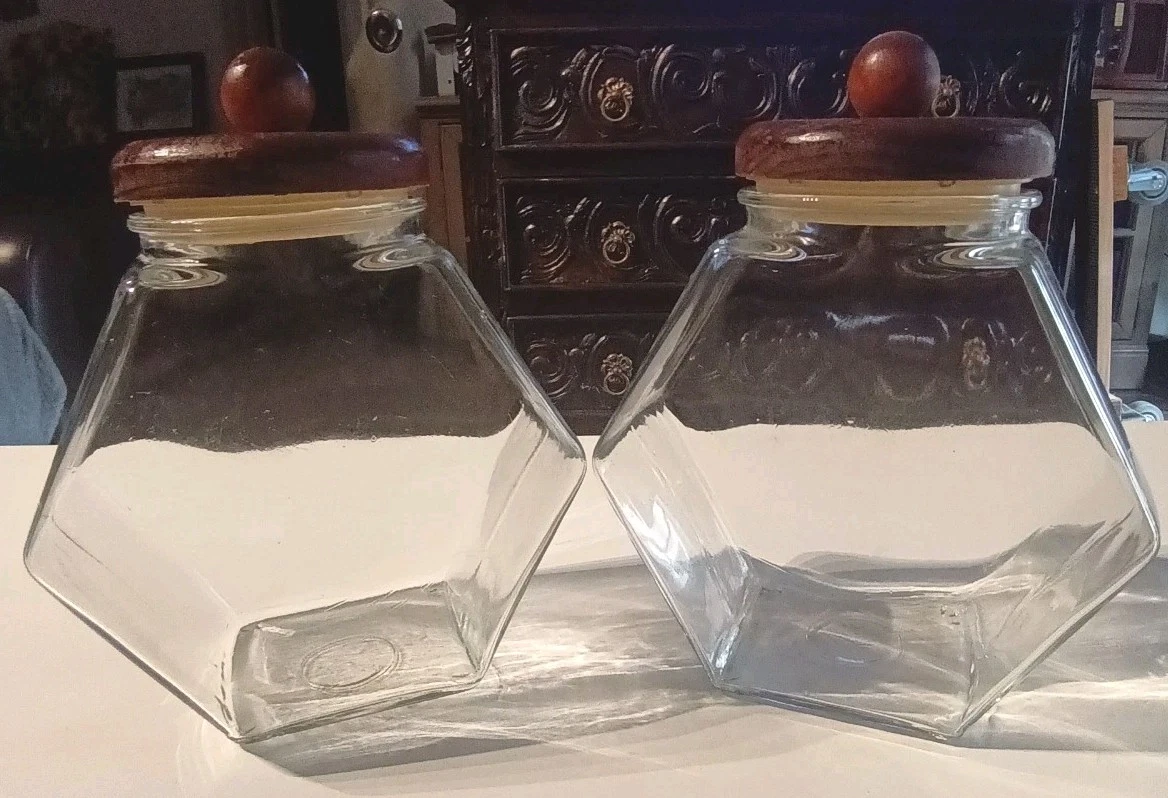 Vintage Large Glass Hexagon Canisters Jars With Wooden Lids Air Tight Retro 70s
