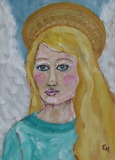 Beautiful Angel Painting Blonde Hair Gold Halo Wings Teal Dress  Ericajaye Art