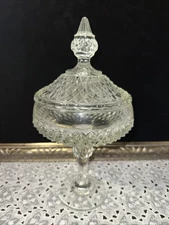 VTG INDIANA GLASS CLEAR DIAMOND POINT PEDESTAL COVERED COMPOTE CANDY DISH 12"