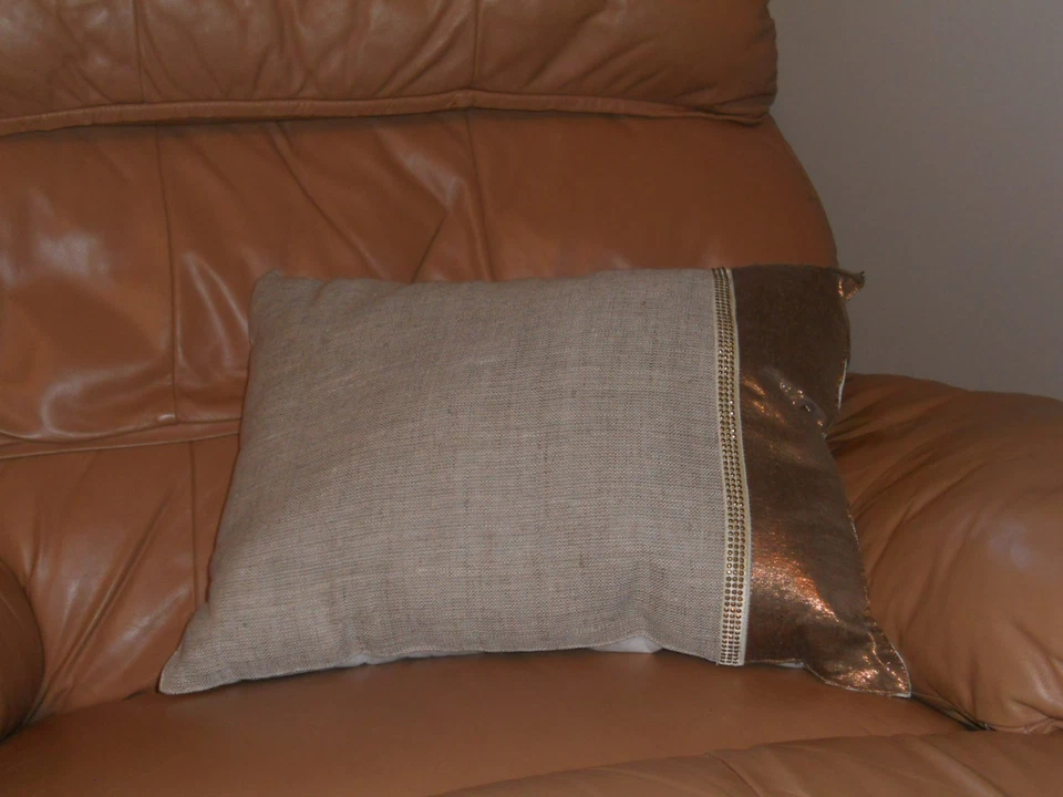 Handmade Tan TASTEFUL BLING Linen/Copper Beaded Pillows for Home, Gift - Image 3 of 4