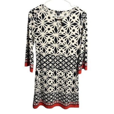 Lavanya Women's Black White Red Geometric Print Keyhole Neck Knit Dress Size S