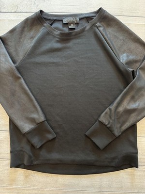 Rachel Zoe Sweater Womens Medium Black Faux Leather Sleeve Pullover Crewneck Top