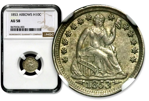 1853 H10C Arrows Seated Liberty Half Dime - NGC AU 58  CC997