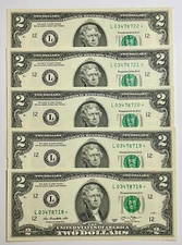 2013 $2 Dollar Bills - 5 Consecutive Serials - "L" STAR Notes - Low Print Qty