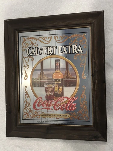 Calvert American Whiskey & Coca-Cola Wood Frame Mirror Vintage Signage 15’ X 18’