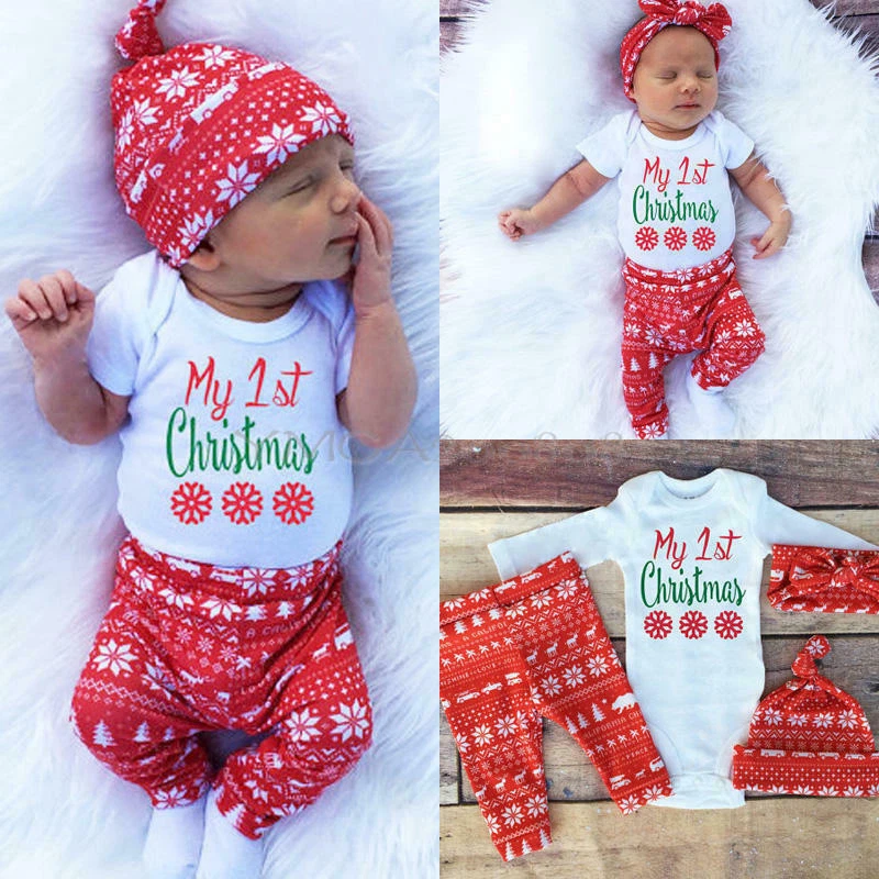 Baby Boy Girl Newborn First Christmas Clothe Romper Pant Hat Outfit  4Xpieces Set