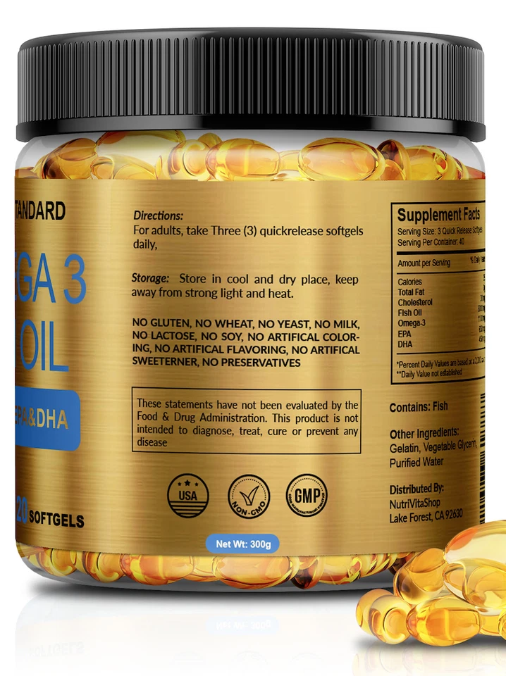 Omega 3 Fish Oil Capsules 3x Strength 3000mg EPA & DHA Softgels USA - Image 3 of 4