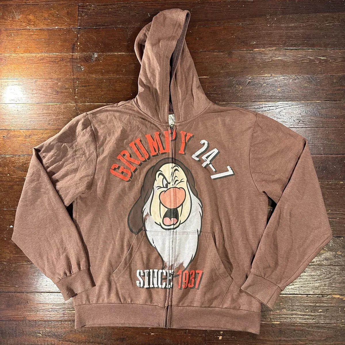 Disney Grumpy Mens Large Snow White Full Zip Hoodie Brown Sweater