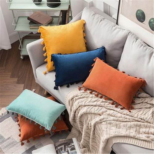 Velvet Tassel Solid Colour Pillow Covers Cushion Cover Home Throw