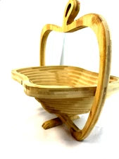 Collapsible Wooden Apple Shape Basket Stand Bowl Trivet Folkart Fruit Bread Wood
