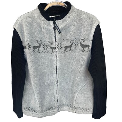 Black Mountain Jacket Womens Large Full Zip Gray Fleece Deer Snowflake Jacket