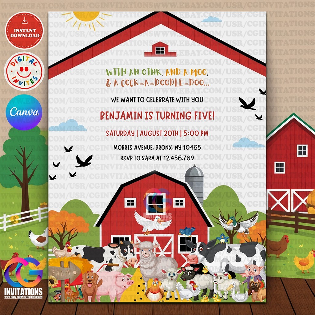 EDITABLE Farm Birthday Party Invitation, Barnyard, Barn Animal Party, Ranch Kids | eBay editable-farm-birthday-party-invitation-barnyard-barn-animal-party-ranch-kids-ebay