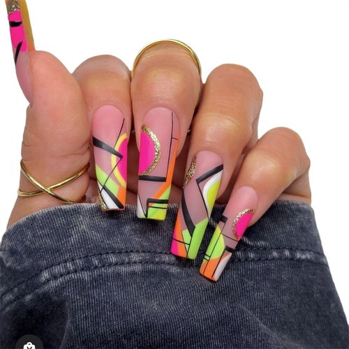 Manicura con brillo geométrico bloque de color uñas postizas prensadas ataúd largo 24 un. - Imagen 7 de 7