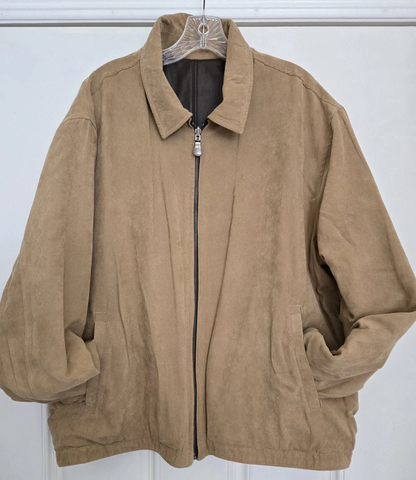 Chaqueta Impermeable Adulto L Marrón Beige Cuero Gamuza Reversible Cremallera Completa Abrigo Foto 3 de 4