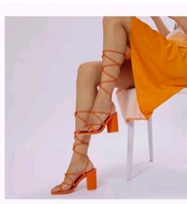 Women's Sz 9.5 High Heel Sandals Chunky Block Heel Strappy Lace Up Open Toe Shoe