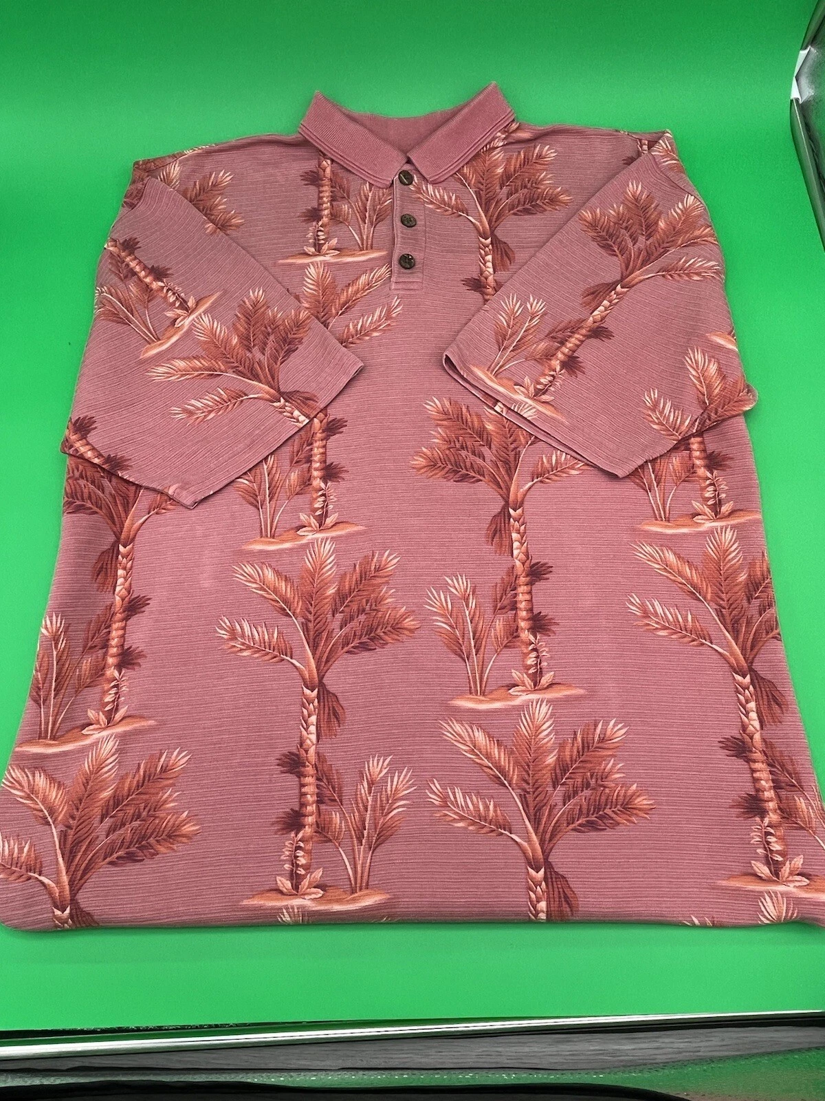 Tropical Hawaii Tommy Bahama 70% Silk Shirt Sz Lg Island Palm Trees Men's Mauve