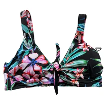 Bikini top Small swimsuit black floral pink blue tropical twist front flowers