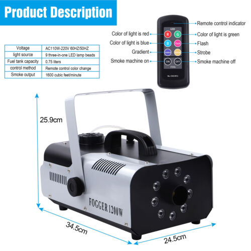 1200W Smoke Fog Machine RGB Color Stage Mist Effect Halloween Xmas Disco +Remote - Picture 12 of 16