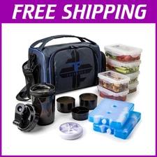 Meal Prep Bag with 6 Containers, Pill Dispenser & Ice Packs