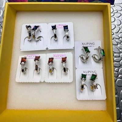 Xuping Hoop Earrings Silver Tone Hinged Multicolor Rectangular Crystal